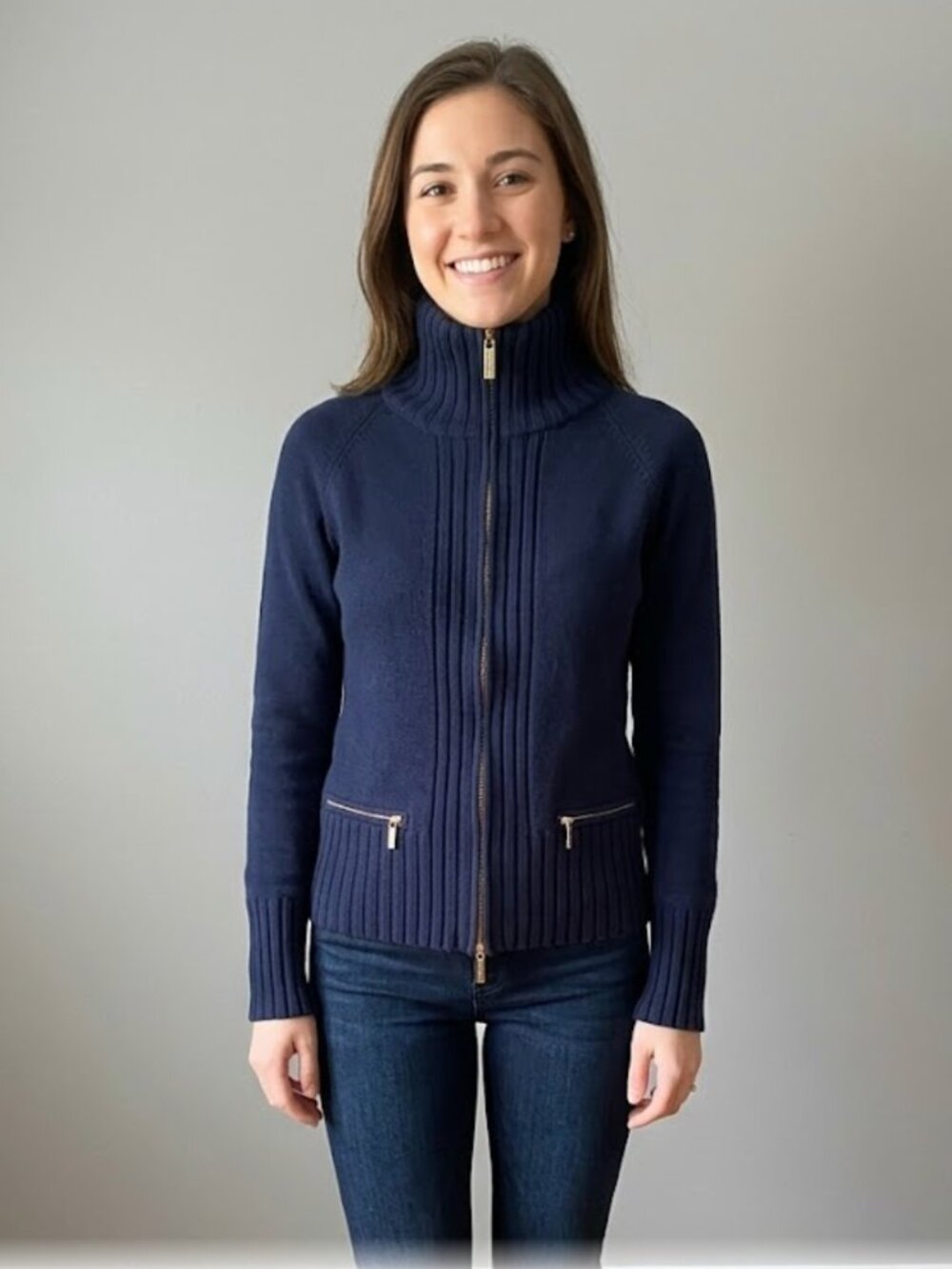 Jones New York Signature Navy Blue Full-Zip Cotton Sweater S 2010s Y2K